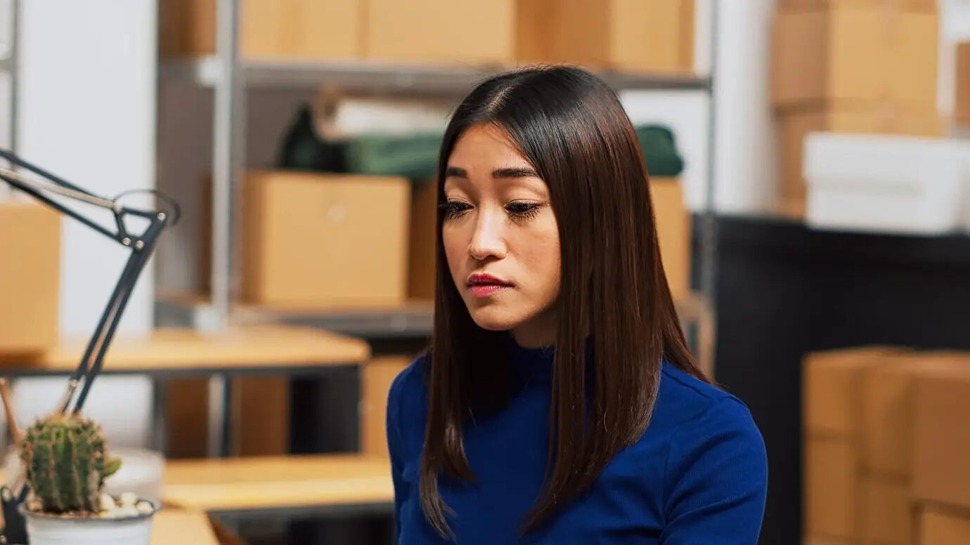 Asiatische Frau betrachtet im Lager Bestandsaufträge für den Einzelhandel und überprüft das Produktionsmanagement auf einem Laptop. Die Mitarbeiterin arbeitet mit Waren im Lagerraum und führt Finanzplanung durch.